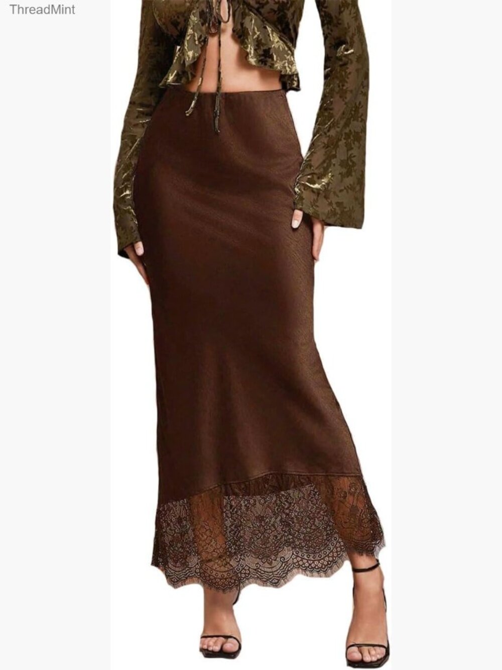 Sexy Satin Lace Patchwork Midi Skirt Tight Fitted Flowy A-Line